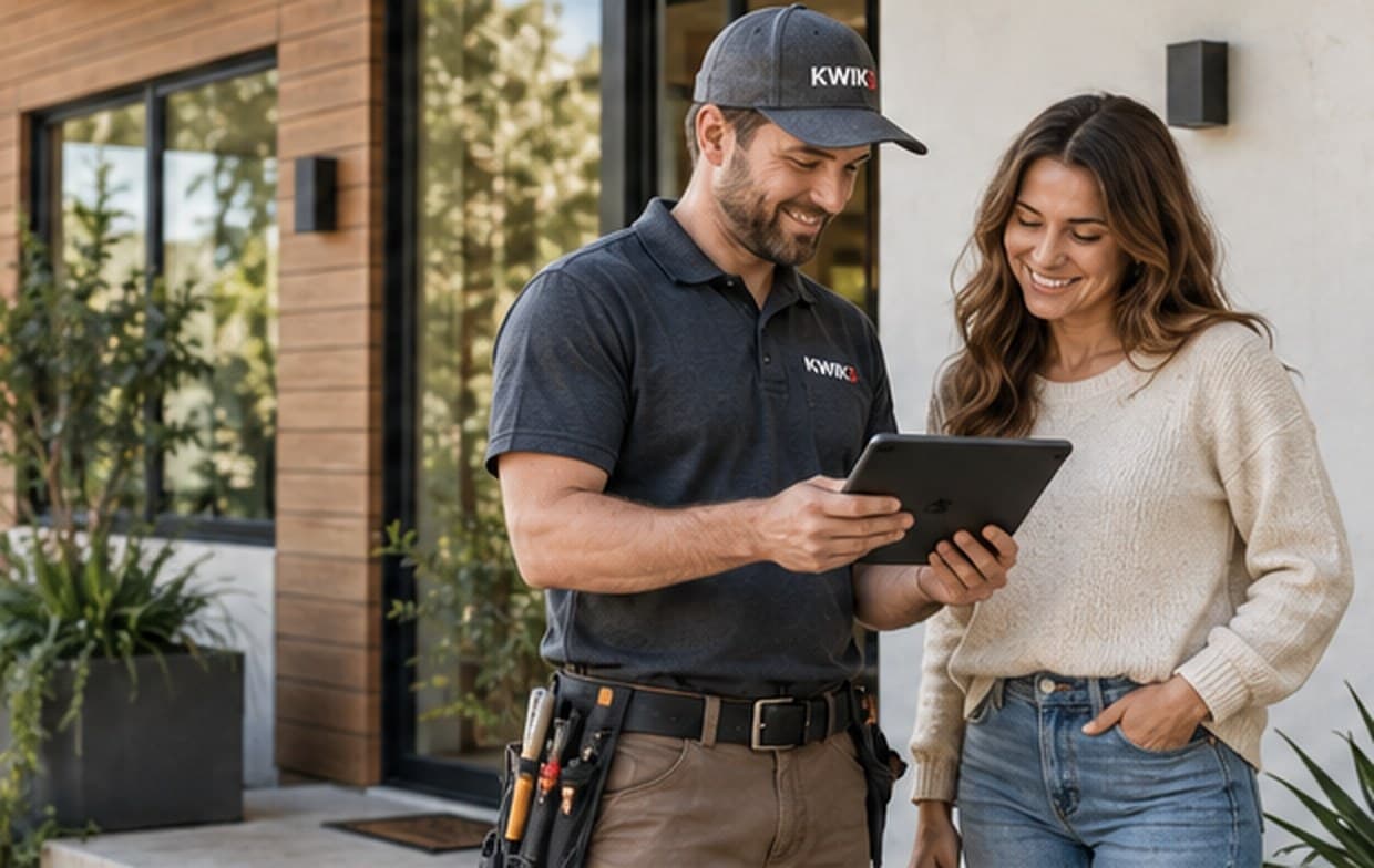 A KWIK3 provider shows job details on a tablet to a homeowner outside her home.